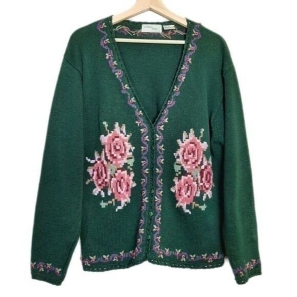 Vintage WILLOW RIDGE Cardigan Sweater Rose Flower Embroidery Sz L